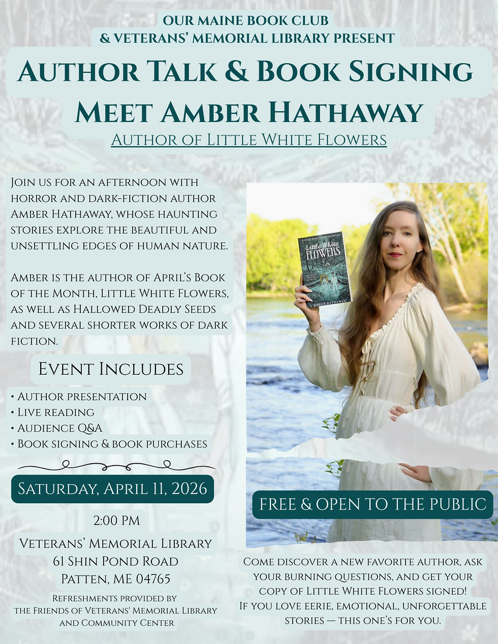 Flyer for author talk at Veterans' Memorial Library