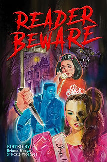 Reader Beware: A Fear Street Appreciation Anthology cover shows a prom queen with half of her face replaced by a skull, a ghostly football player, a hand with jelly bracelets at the wrist clutching a knife, a scared-looking teenage girl holding a landline phone receiver to her ear, a black cat with fangs bared, a creepy manor, and a Fear Street street sign.