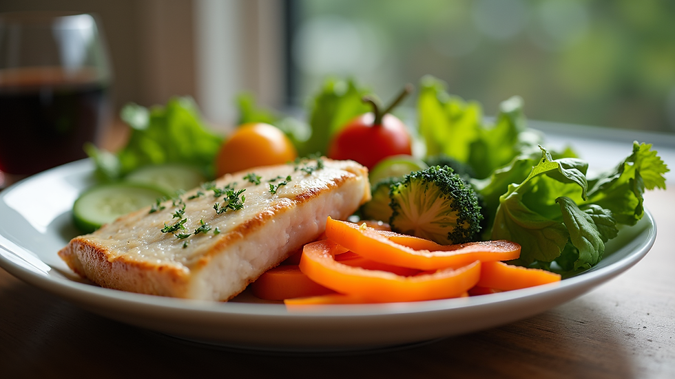 Eye-level view of a colorful plate filled with fresh vegetables and lean protein