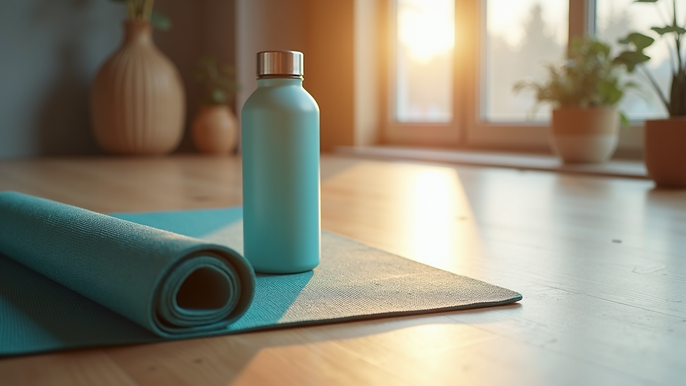 Close-up view of a yoga mat and water bottle on a wooden floor