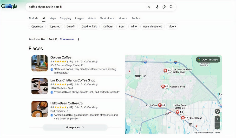 Eye-level view of a local coffee shop storefront in North Port, FL