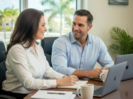A professional marketing consultation between two experts in a bright office, discussing local SEO strategy and digital growth for Florida businesses.