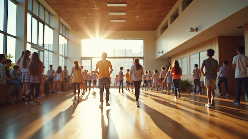 Wide angle view of a community center bustling with youth activities