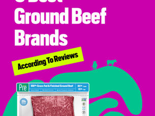 Bright magenta Chowhound ad for 6 Best Ground Beef Brands, showing a ground beef package and neon green According To Reviews banner.
