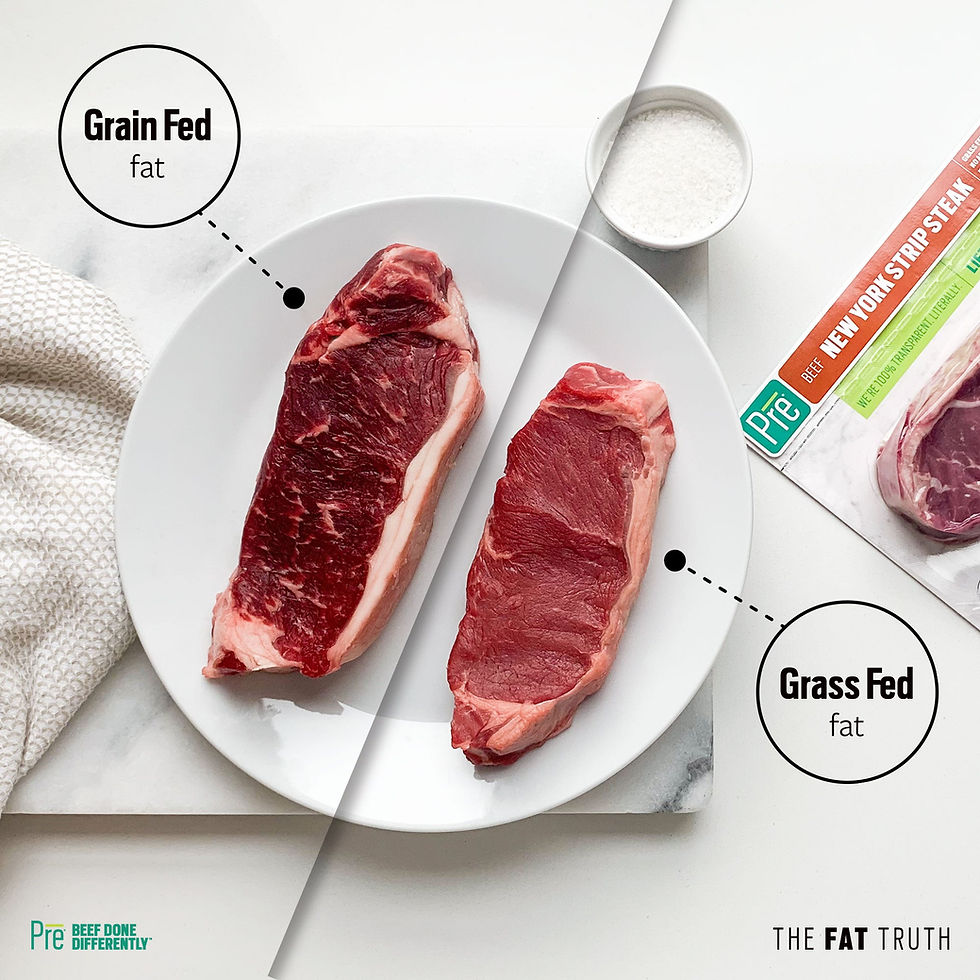 Grass-fed and grain-fed beef shown side by side to compare the color of the fat