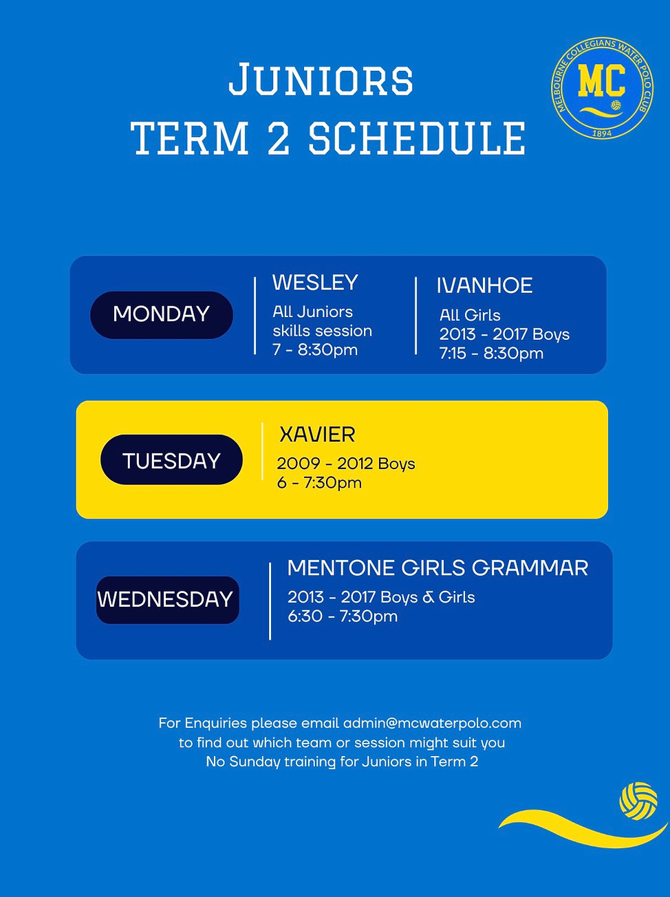 Melbourne Collegians Water Polo Training Schedule 2026 Term 2