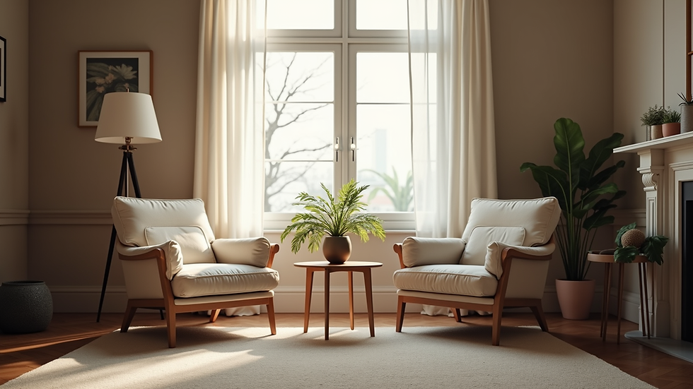 Eye-level view of a cozy living room with two chairs facing each other