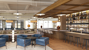 Salon moderne avec plancher et plafond en bois, fauteuils bleus, tapis géométriques, bar spacieux avec tabourets et éclairage d’ambiance tamisé.