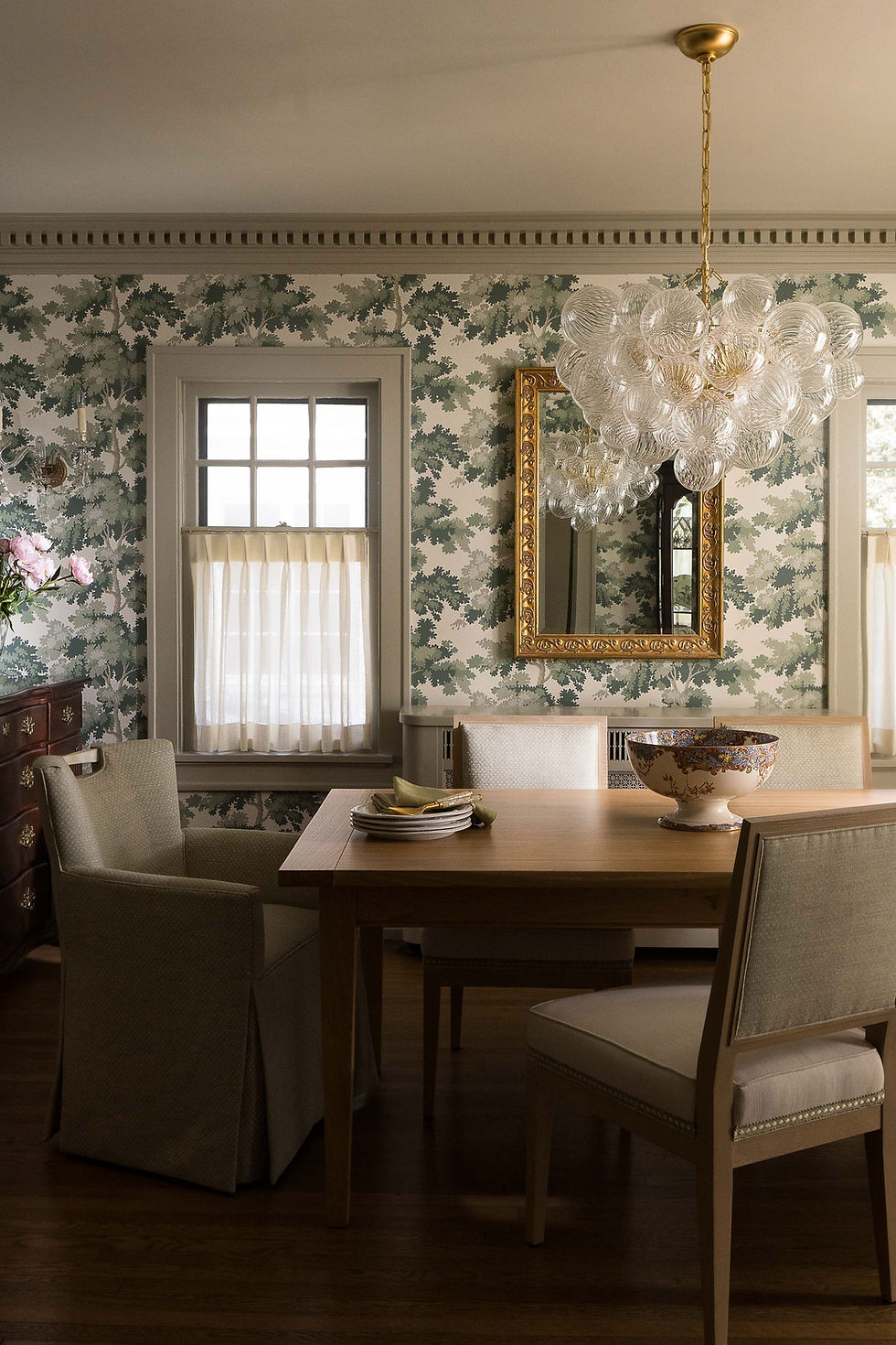 01 Shorewood Estate dining room botanical wallpaper glass chandelier Twig and Trove