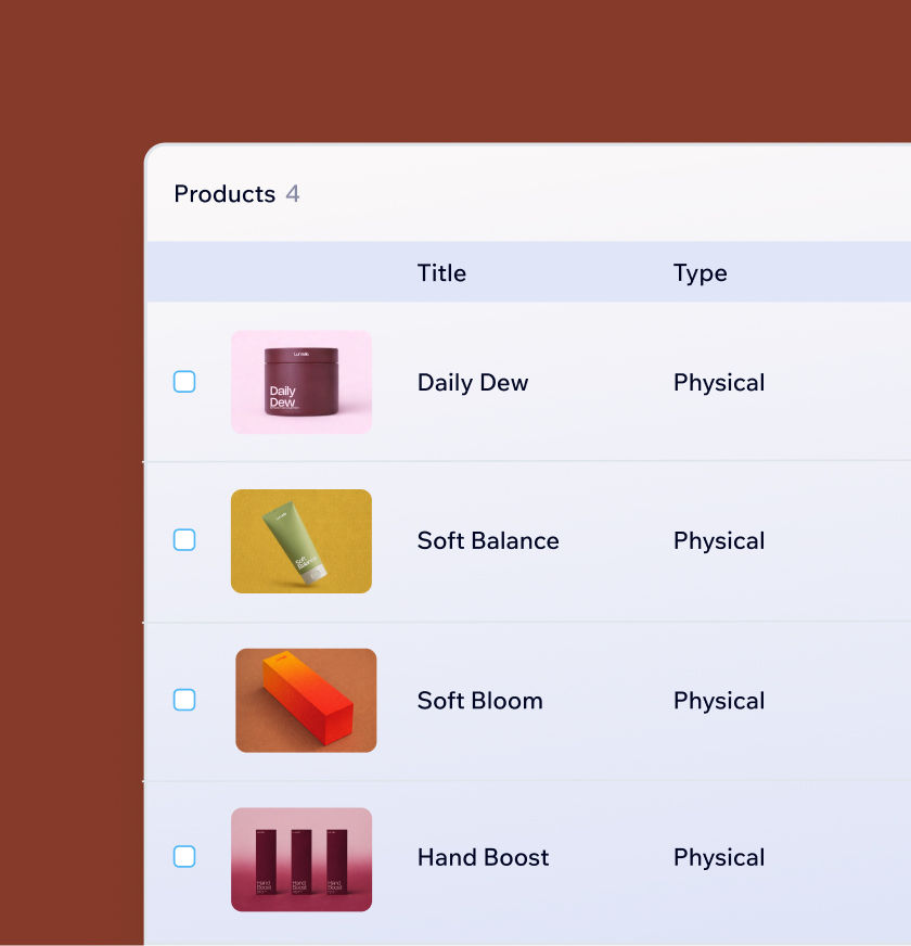 Product management dashboard for physical eCommerce items built on the Wix AI website maker.