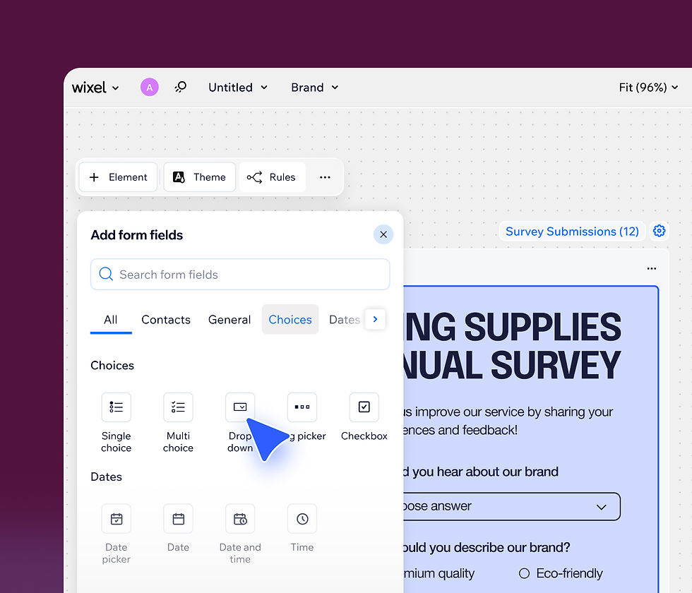 A computer screen showing Wixel's online survey creator interface. A cursor selects a drop-down field to make a survey about painting supplies.