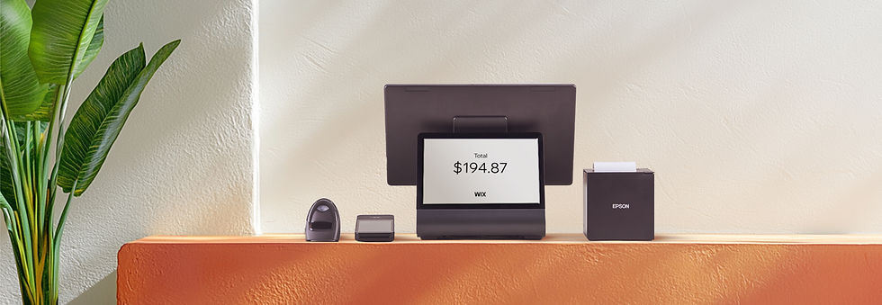 Wix’s Complete Retail POS Package on a store counter, showing customer checkout on the POS screen.