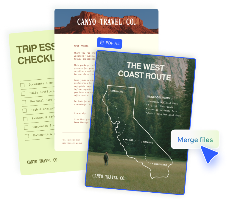 Three overlapping travel documents in Wixel's pdf combiner, with a cursor hovering over the "merge pdf" button to combine pdf files into a single stack.