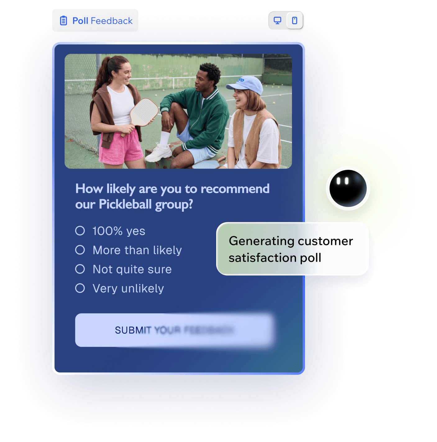 Wixel's AI agent helps create a poll for a pickleball group's customer feedback. The poll features an image of three players sitting on the court.