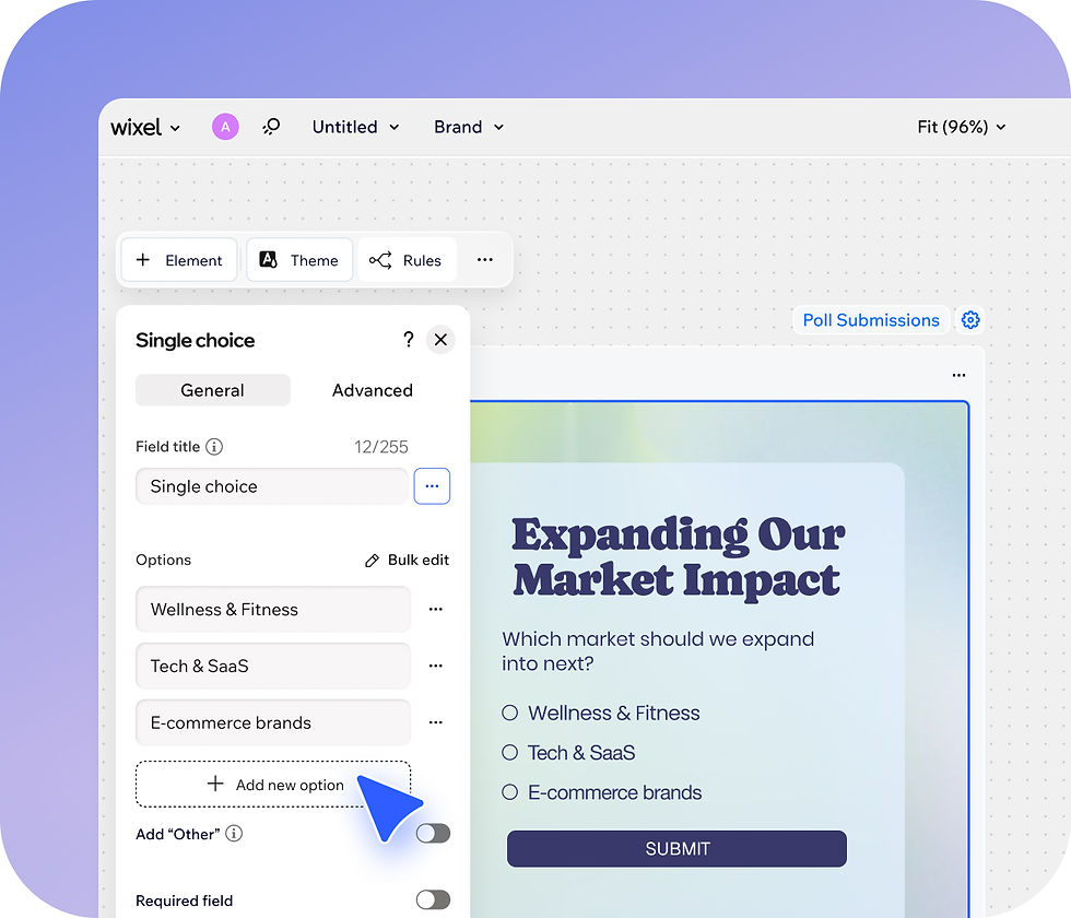 A cursor clicks to add a new option in the Wixel online poll maker interface. The poll asks which market to expand into next.
