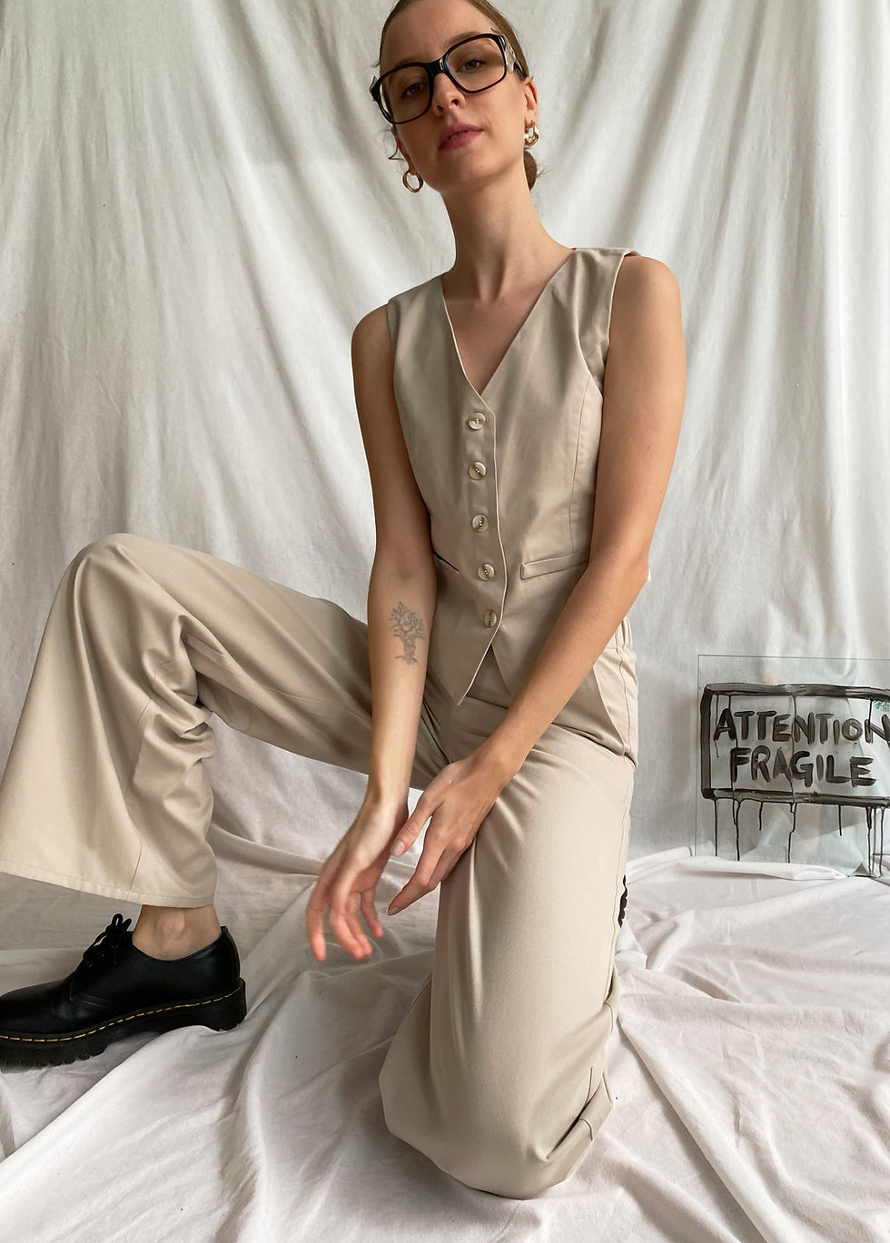 Thumbnail: Beige Gabardine Wide Trousers