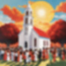 a painting of a small very tiny red brick church with a tall white roof top more roof tha