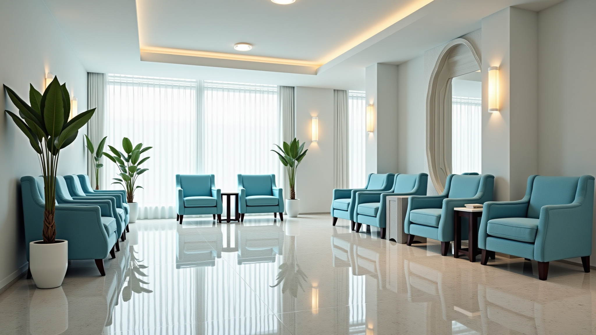Salle d'attente moderne et élégante avec fauteuils turquoise