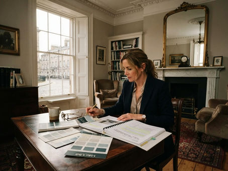 Decorator reviewing paint samples and a written project specification in an elegant Edinburgh interior.