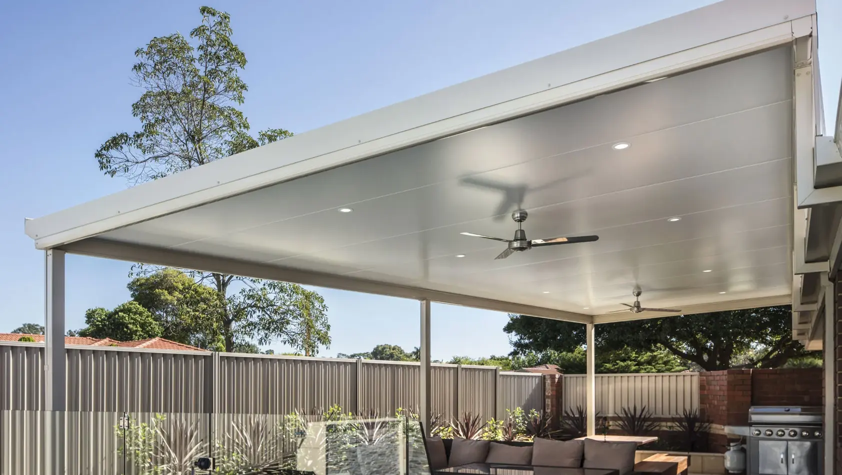 Stratco Cooldek patio with ceiling fan and integrated LED downlights
