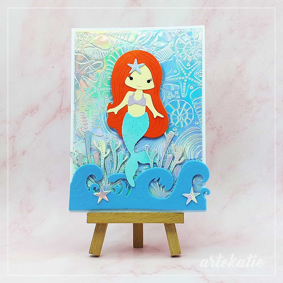 Mermaid card art with wavy sea and starfish background