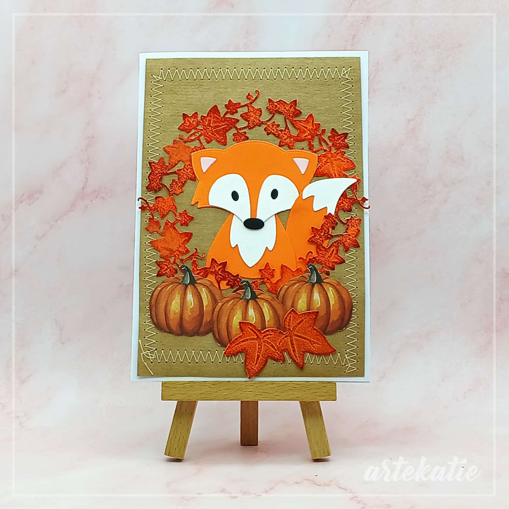 red fox in autumnal wreath and pumpkins handmade card img