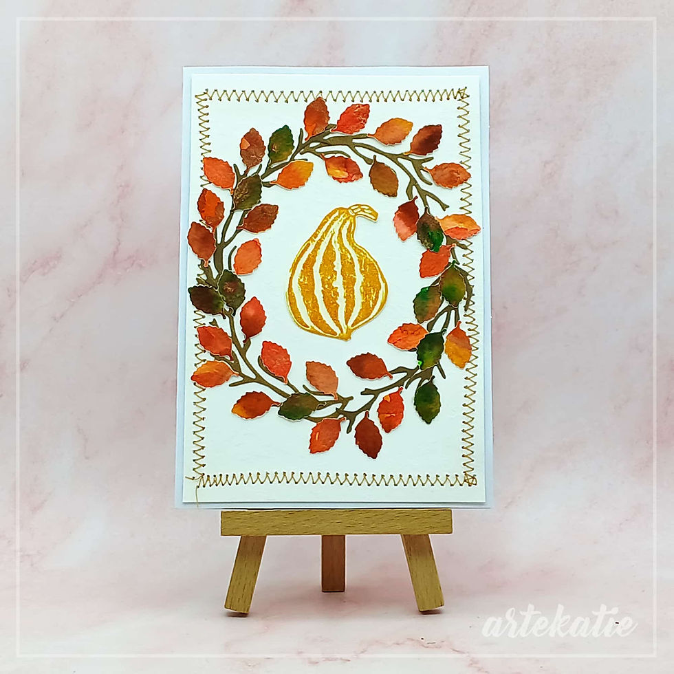 pumpkin in a wreath from autumn leaves handmade card img