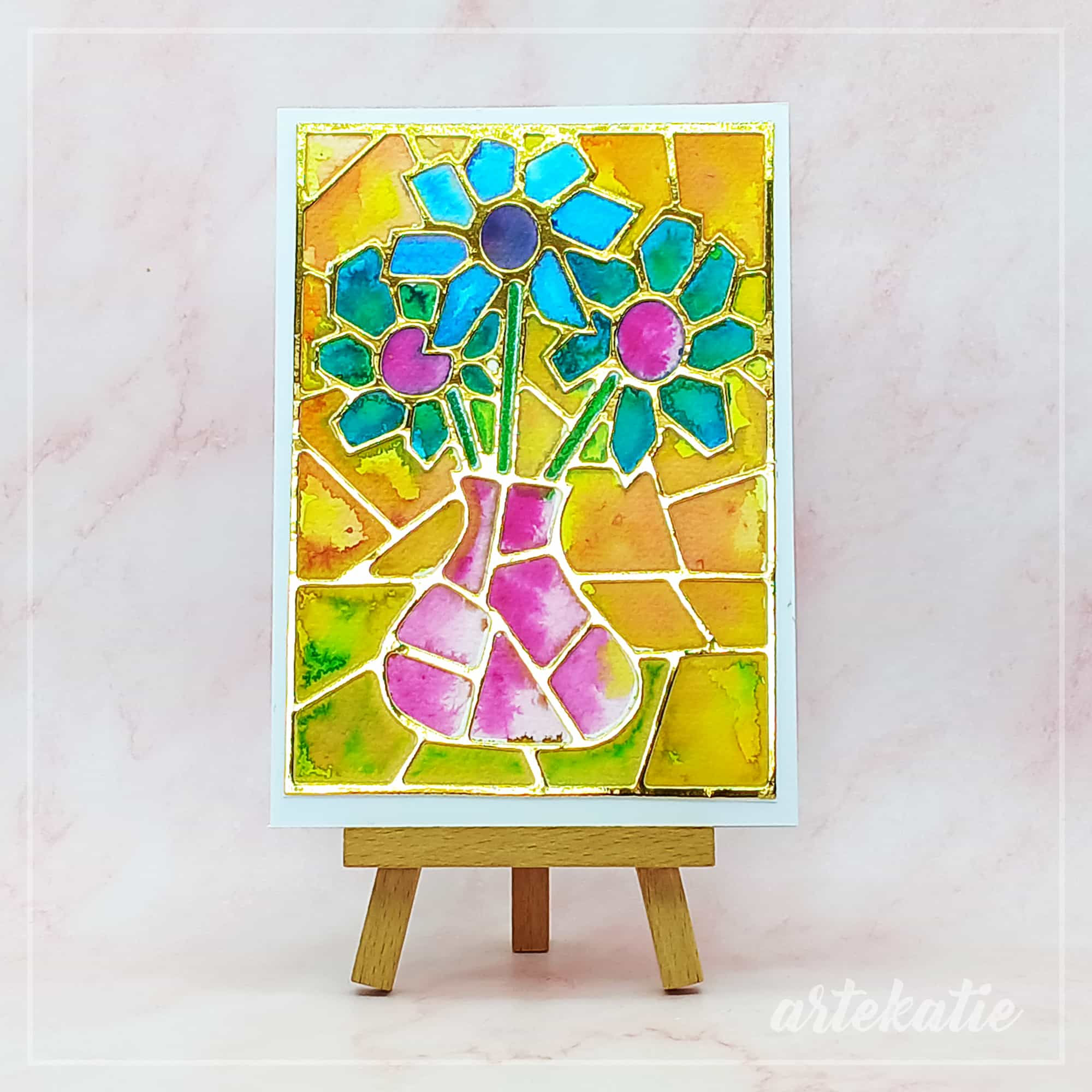 Watercolour painted Stained glass Handmade card flower vase