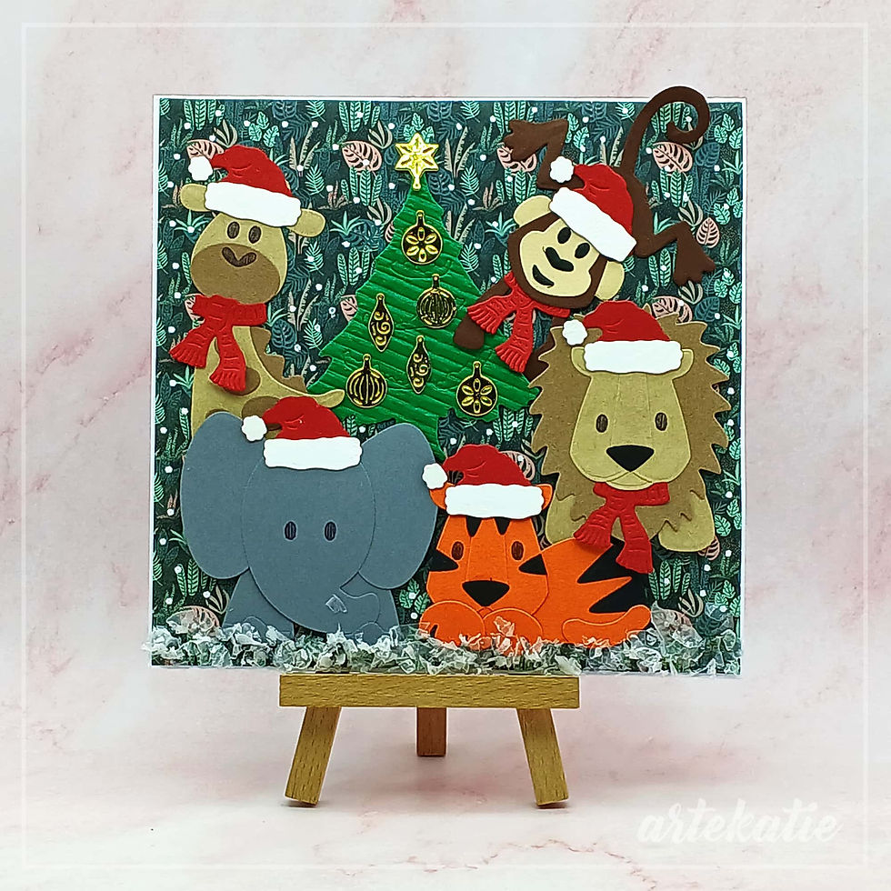jungle animals set in santa hats and scarves around christmas tree handmade card img