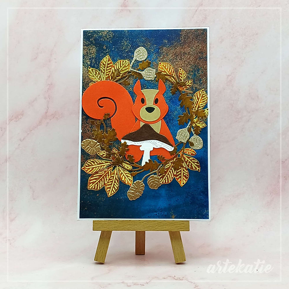 red squirrel in wreath from autumn leaves on blue bg handmade card img