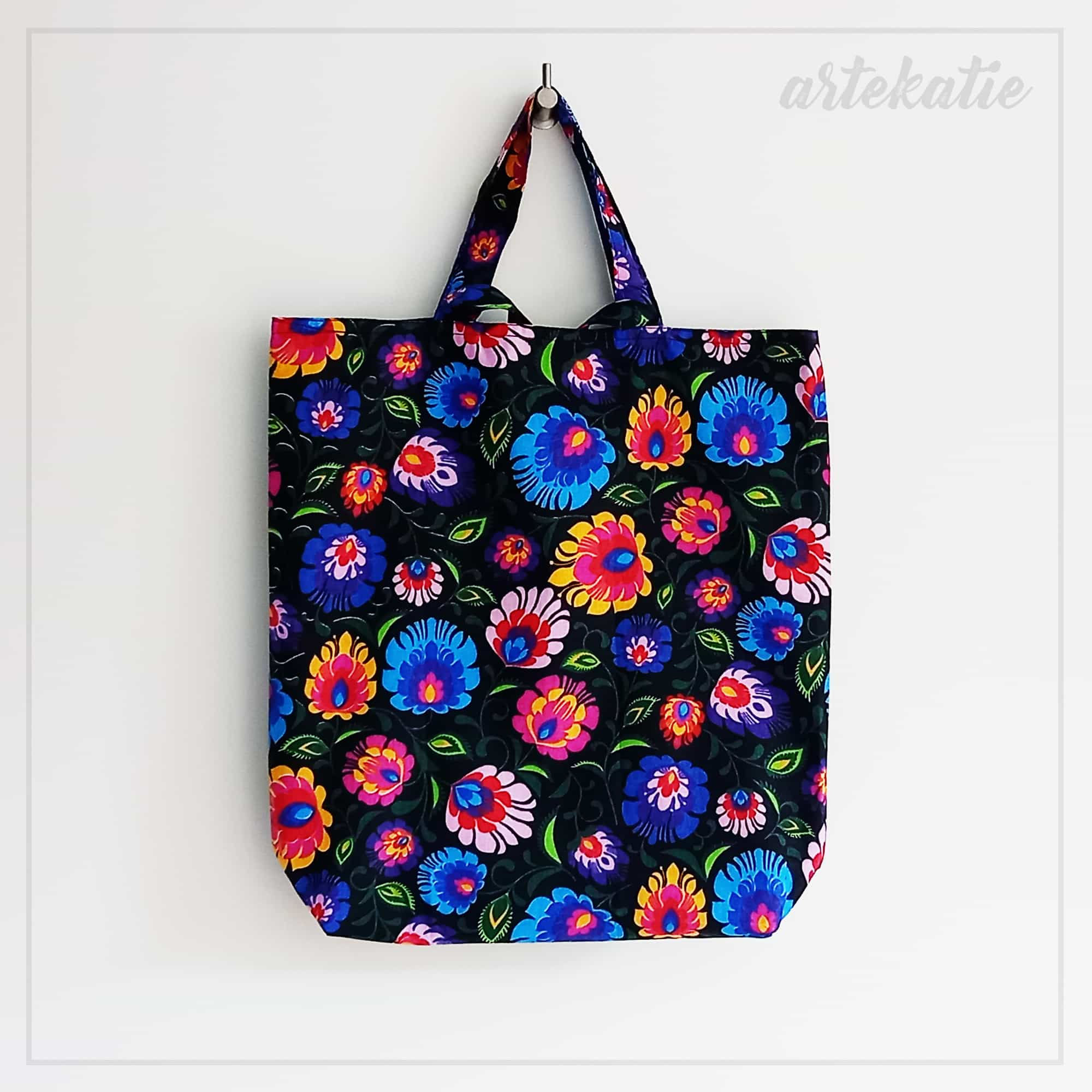 cotton handmade bag polish folk flowers black bg print img 1