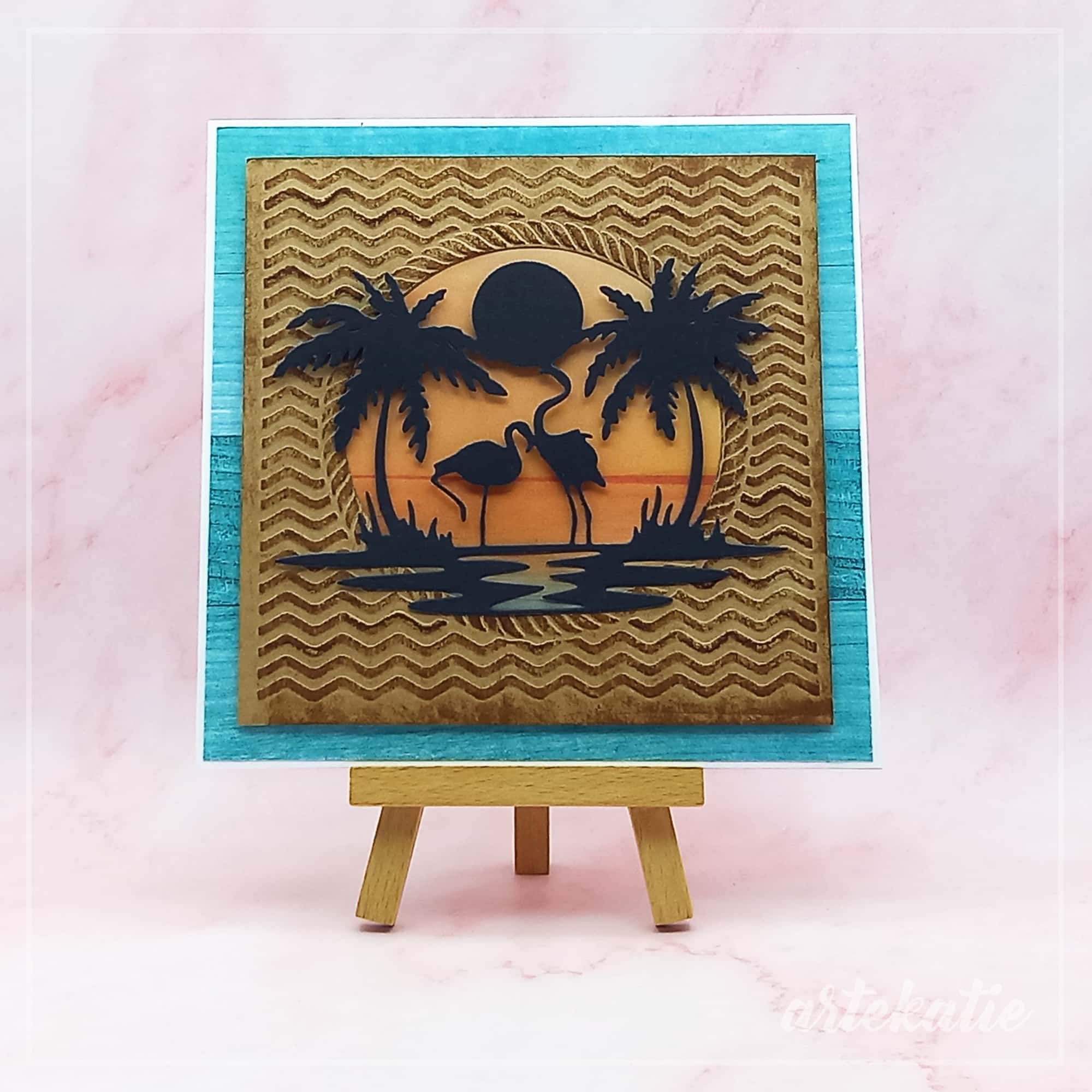 sunset scene with palm trees and flamingos handmade card img