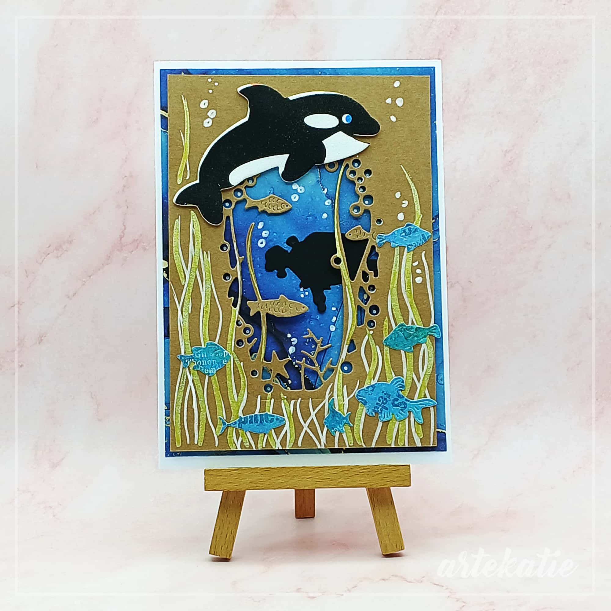 handmade card scuba diver with orca img 1