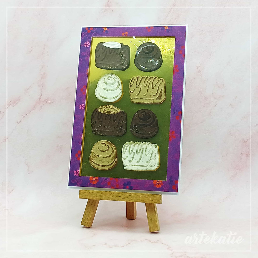 purple gold chocolate box handmade card angle view