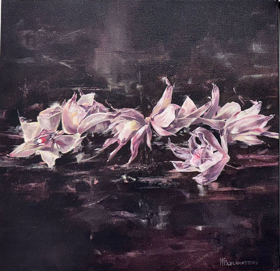 Oil painting of pink orchids on a dark textured background by Ivan Pazlamachev