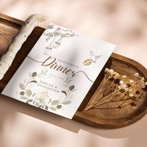 A collection of custom wedding invitations and menus designed for Café Harmony’s receptions