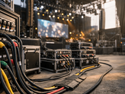 Professional outdoor event power distribution with heavy gauge cables feeding stage audio and video equipment