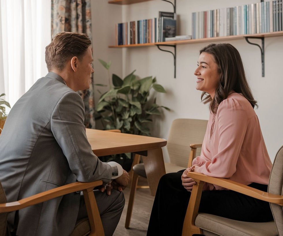 two people in a coaching or listening posture, symbolising empathy and guidance