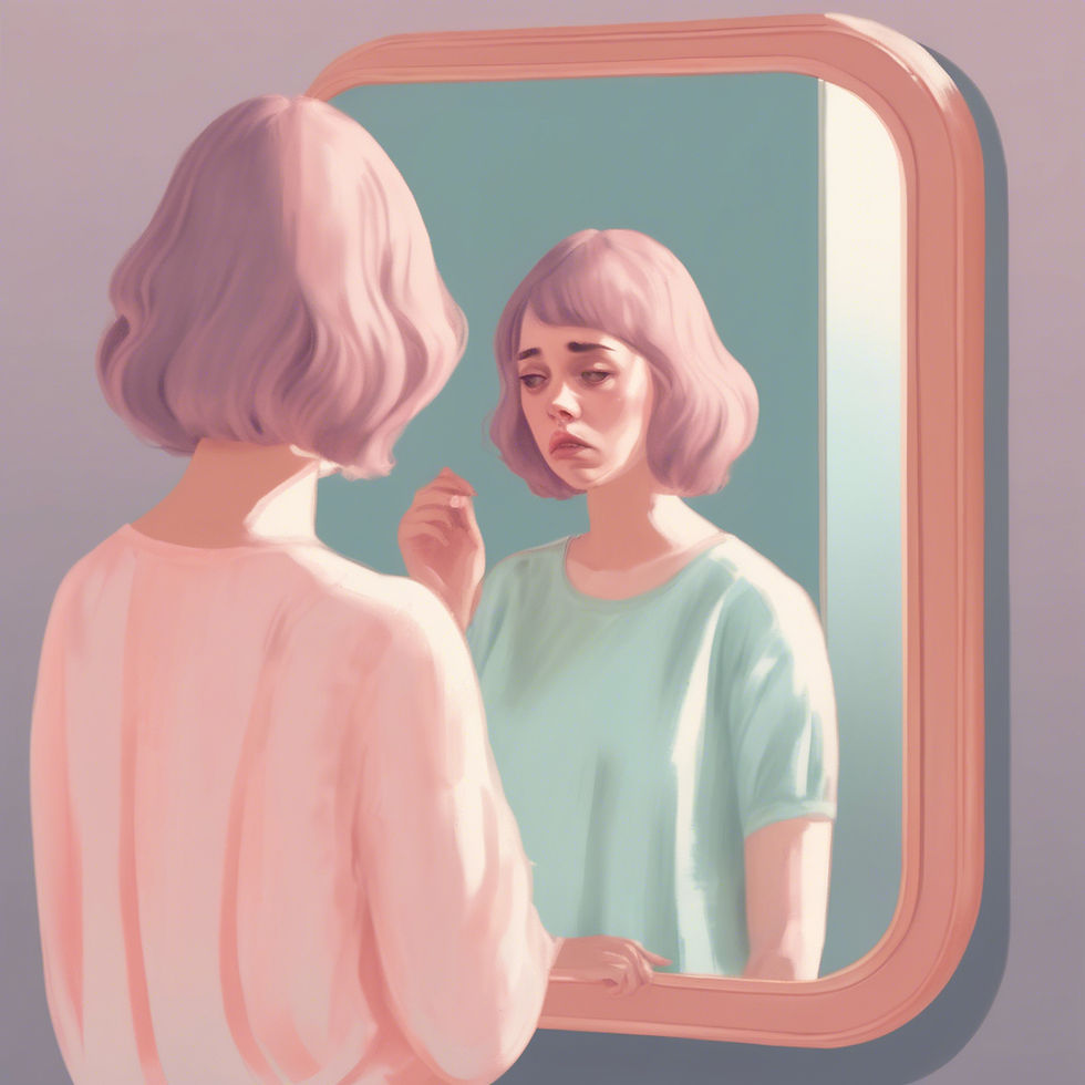 Woman looking in a mirror at her reflection that looks sad.