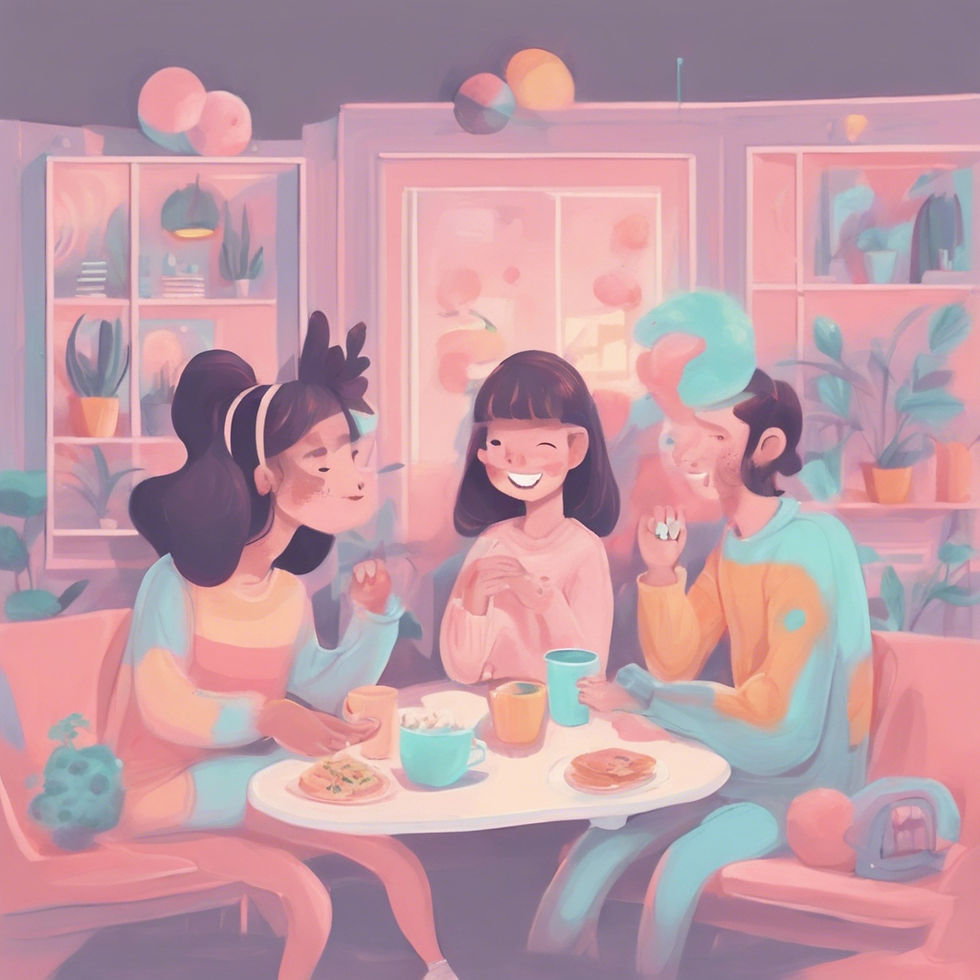 Friends hanging out around a table having fun.