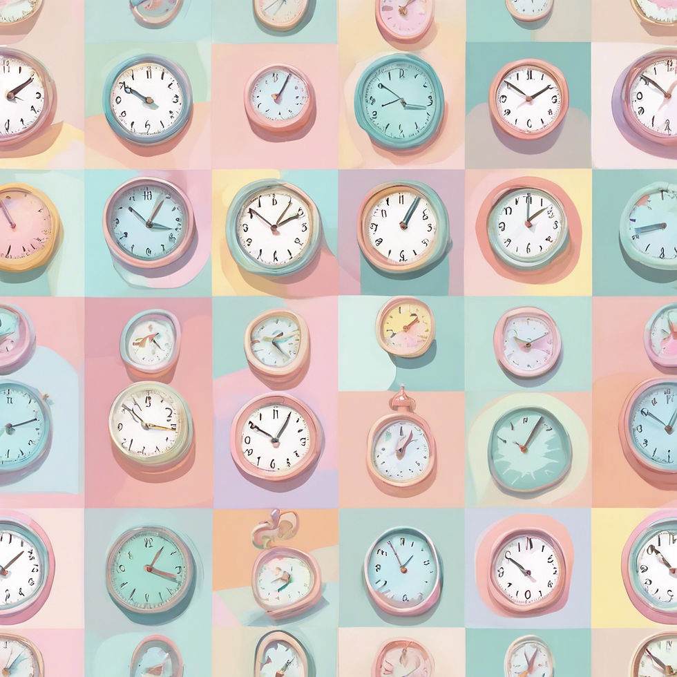 Pastel image of a grid of clocks in many colors showing many times.