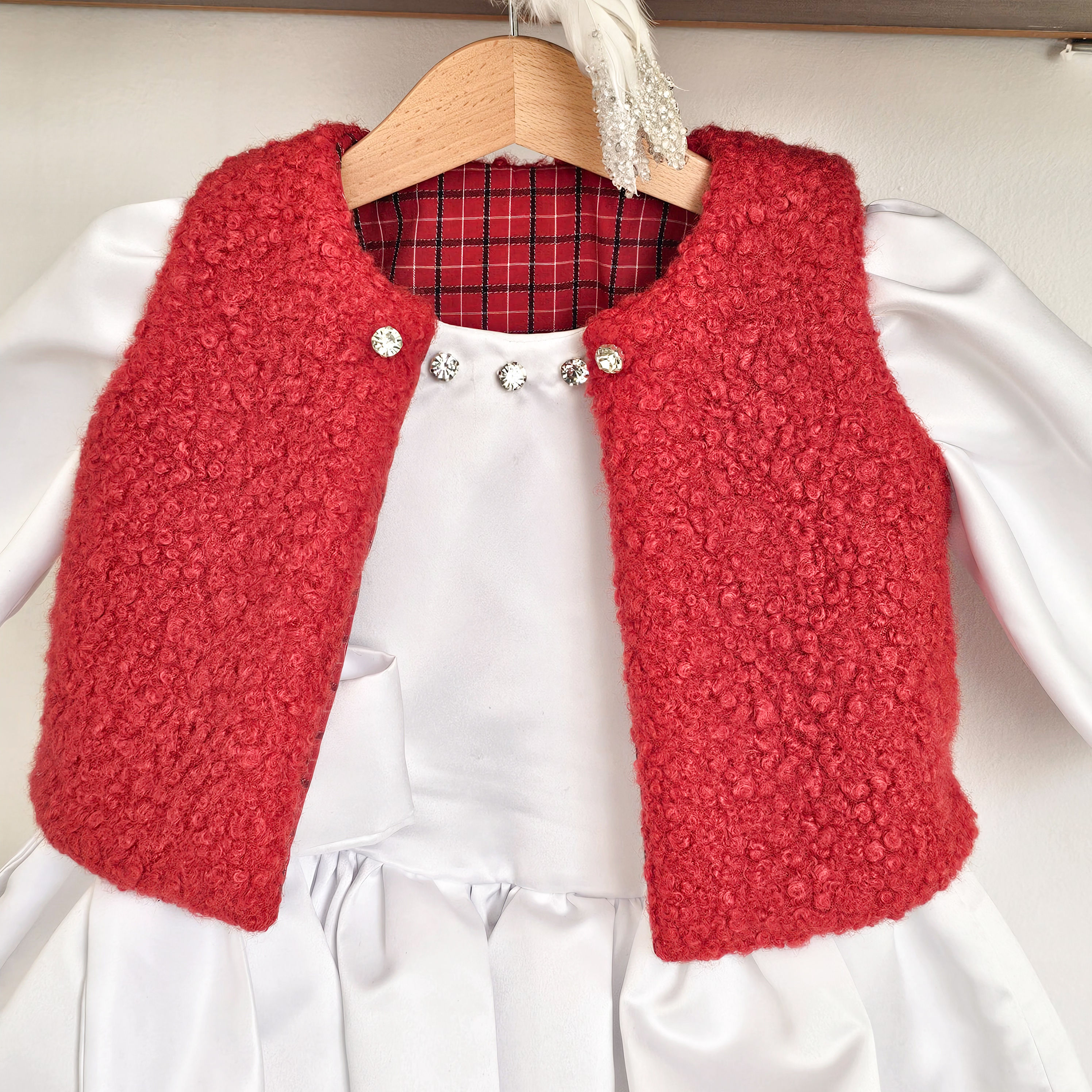 Gilet réversible bébé, enfant, moumoute rouge, tartan ,Noël 