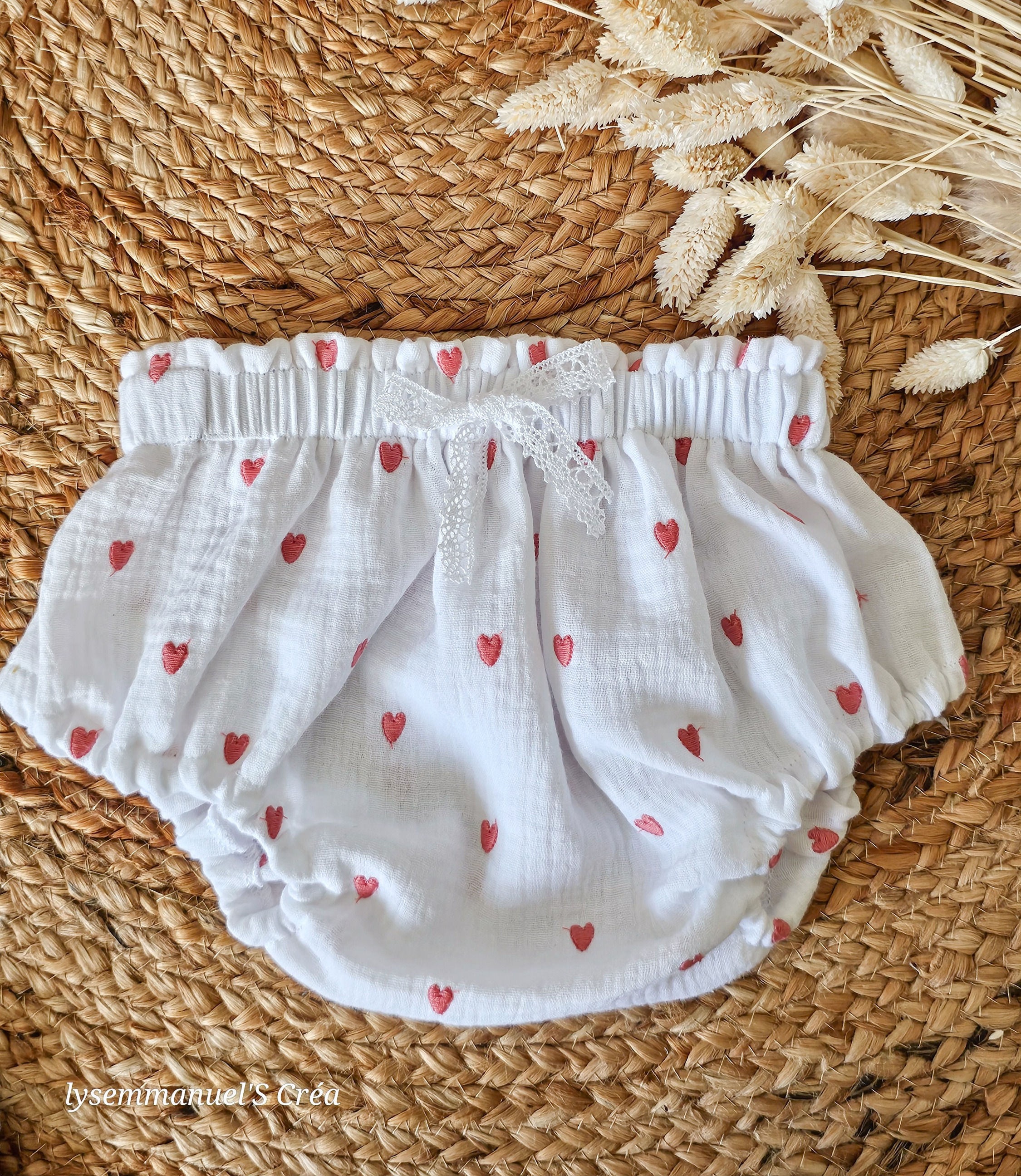 Bloomer en gaze de coton brodé cœur rose bébé enfant