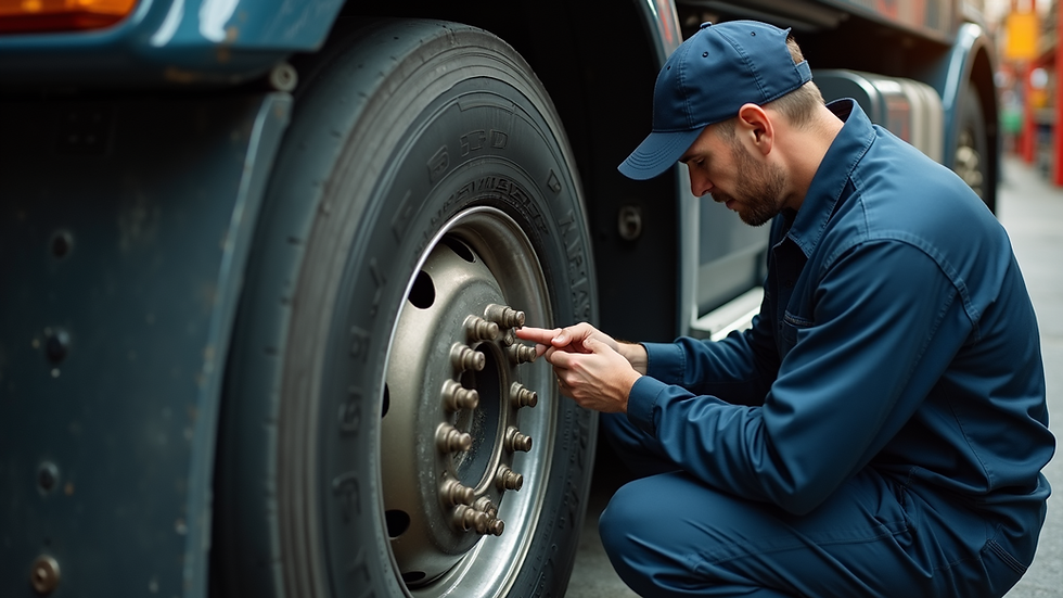 High angle view of a mechanic inspecting a truck tire