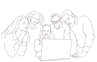 Illustration of trainers collaborating around a laptop symbolizing workshop facilitation and feedback frameworks