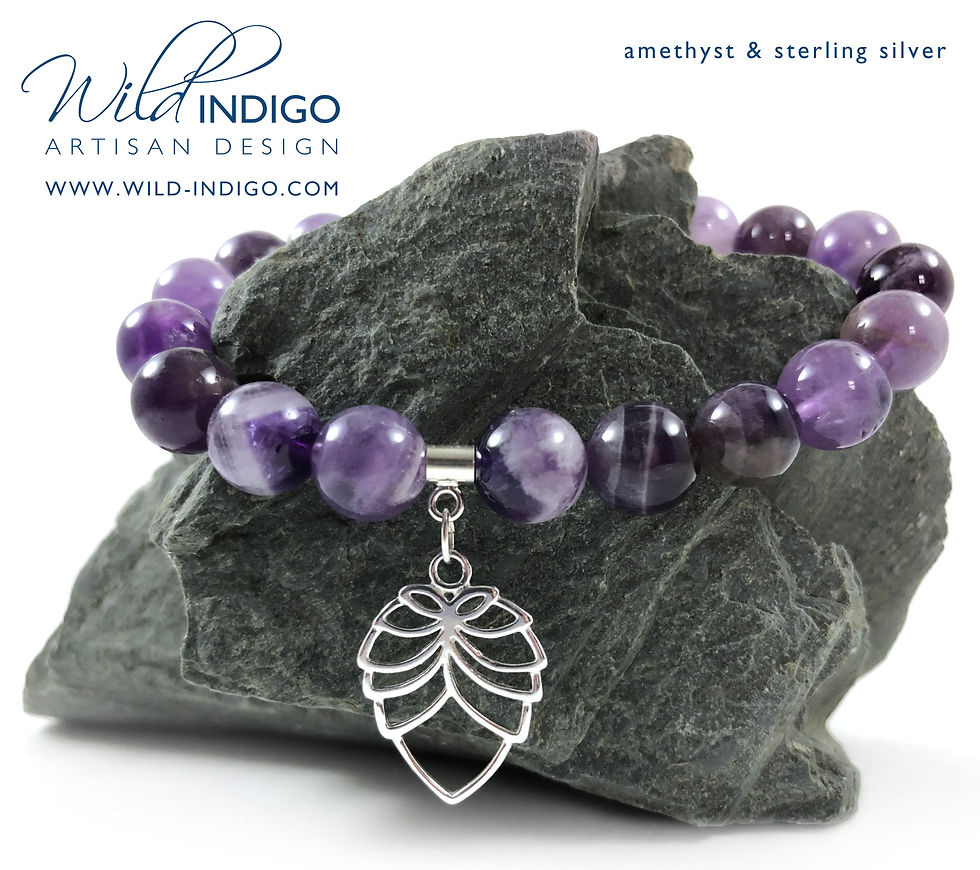 Amethyst Bracelet Stretchy Bracelet Leaf Charm Bracelet Sterling Silver & Amethyst