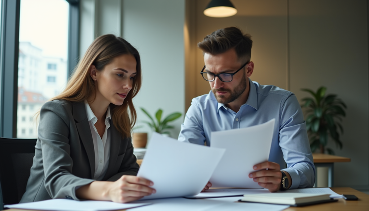 Eye-level view of a consultant reviewing compliance documents with a manager
