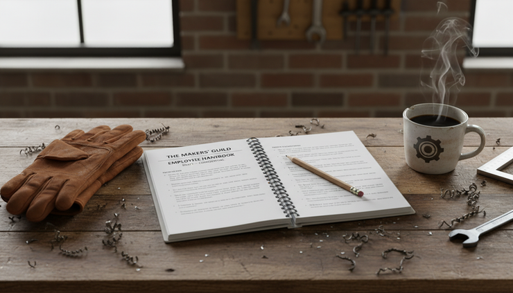 Overhead view of a workshop bench with an employee handbook draft and a pencil.