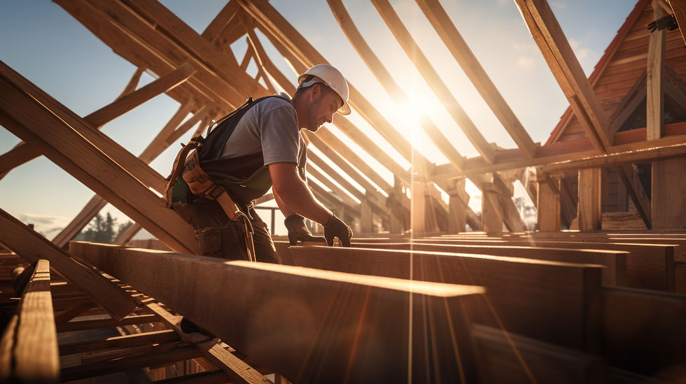 Carpenter working on the roof structure with beams and bright sunlight.
