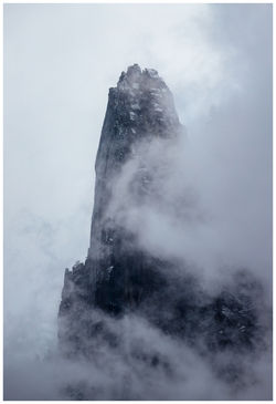 Portrait of Sentinel Rock in Fog
